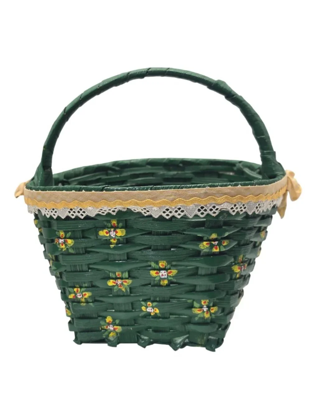 Handwoven Green Woven Basket Floral Painted Lace Trim Handle Easter Gift Basket
